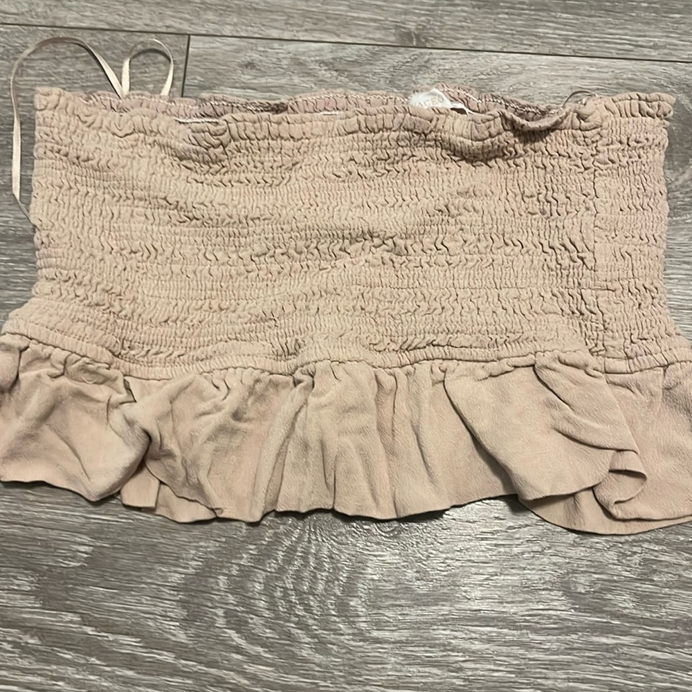 Olivaceous L tan ruffle crop top